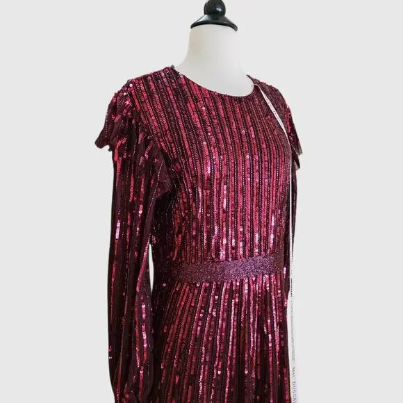 Mac Duggal 23003 Burgundy Sequin Midi Ruffle Long Sleeve Formal Gown 12